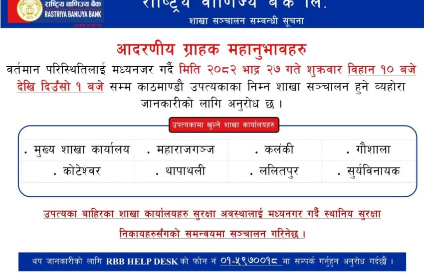  राष्ट्रिय बाणिज्य बैँकले विभिन्न शाखाबाट सेवा प्रवाह गर्ने, यि हुन खुल्ला रहने शाखा